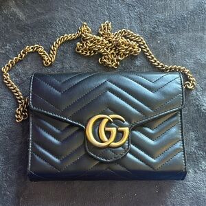 Gucci Black Chevron Crossbody Bag with Gold Accents